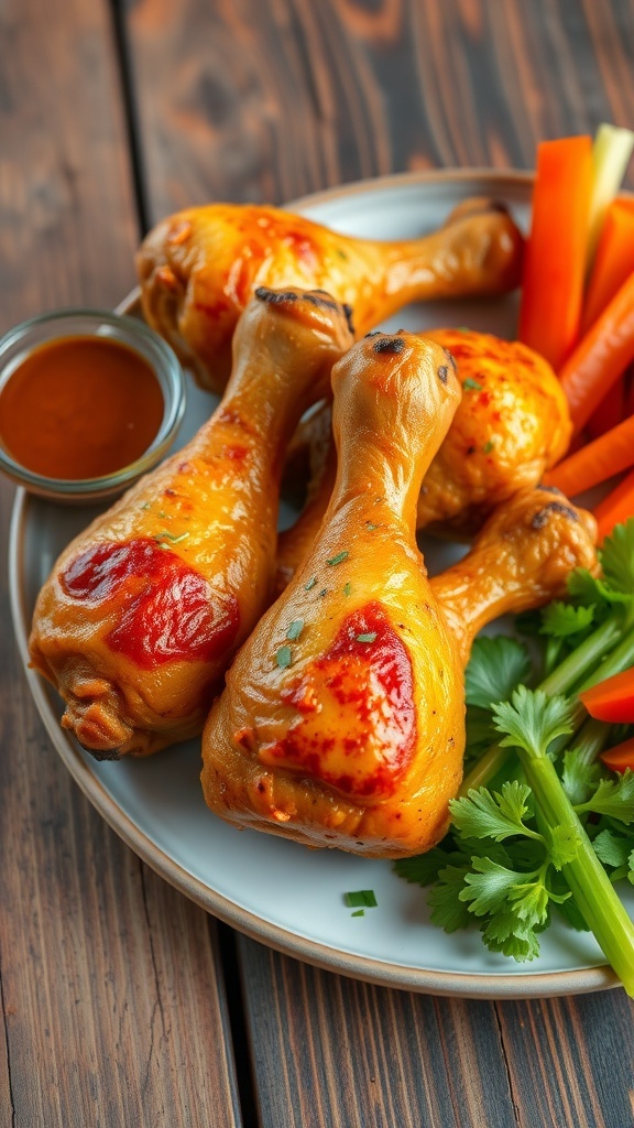 Crispy baked chicken drumsticks on a plate with herbs and dipping sauce.